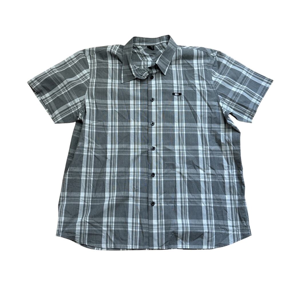 Oakley Mens 2XL Gray White Plaid Short Sleeve Button Up Casual Shirt Gorpcore